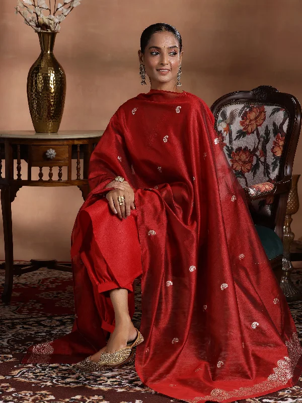 Red Solid Silk Blend Straight Suit With Dupatta