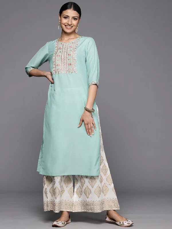 Sea Green Yoke Design Silk Straight Kurta