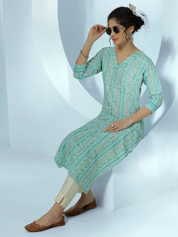 Sea Green Woven Design Cotton Straight Kurta