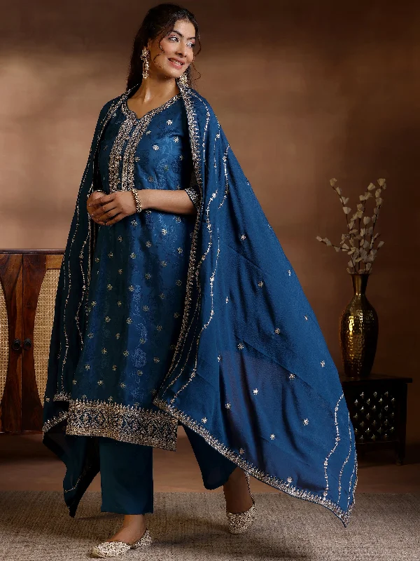 Teal Woven Design Silk Blend Straight Suit With Dupatta