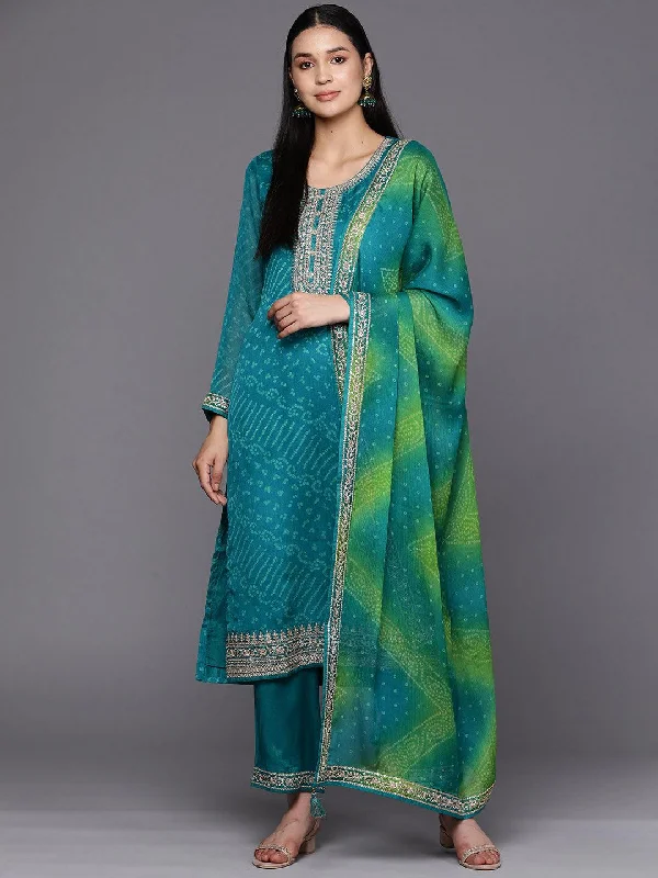 Turquoise Blue Printed Chiffon Straight Kurta With Trousers & Dupatta