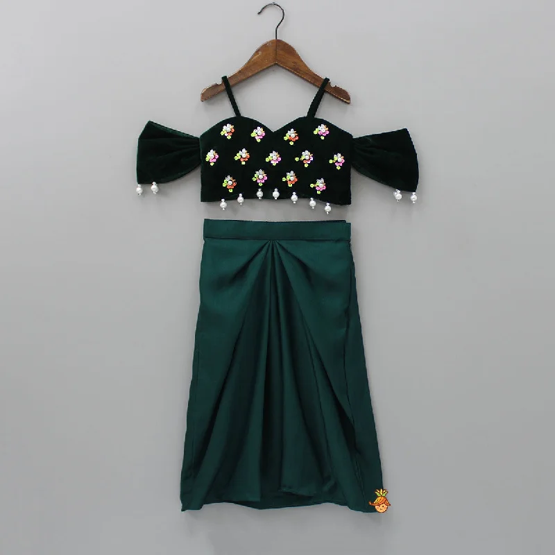 Velvet Green Off Shoulder Top And Dhoti Style Skirt