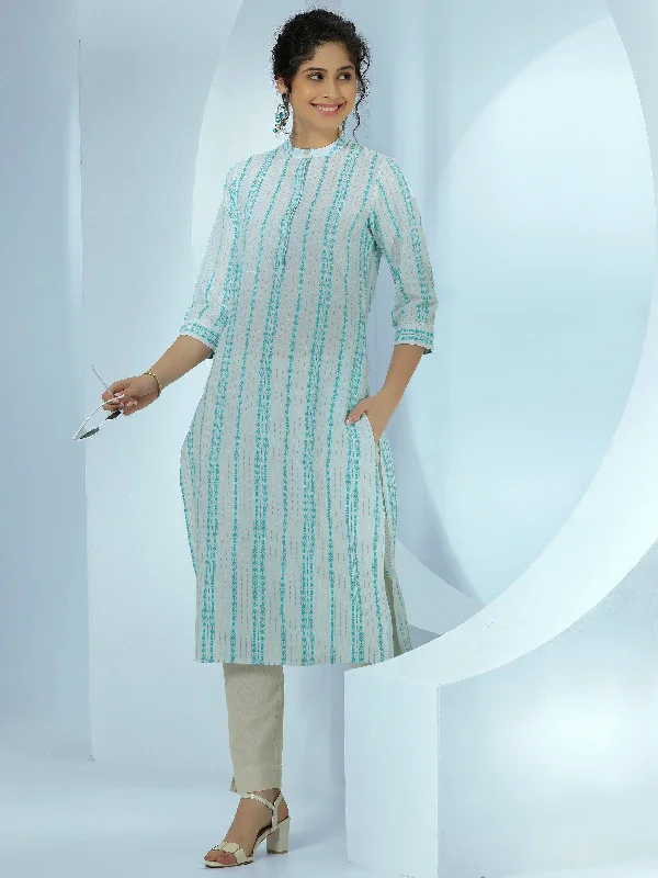 White Woven Design Cotton Straight Kurta