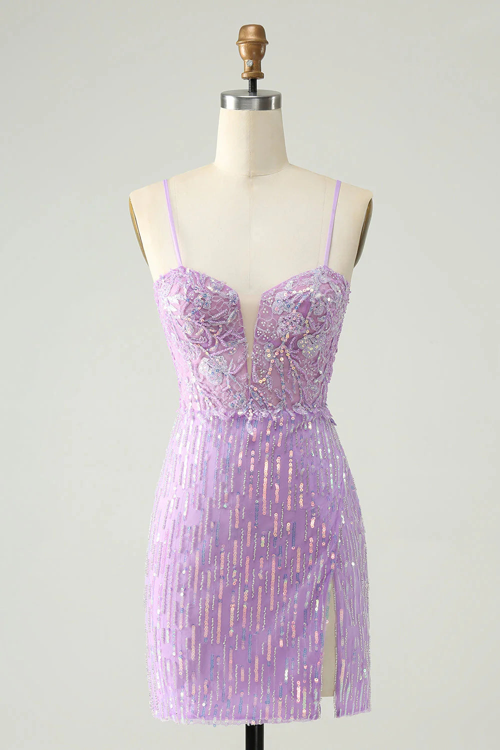 Amzcw Sparkly Lilac Bodycon Spaghetti Straps Sequins Mini Homecoming Dress with Slit