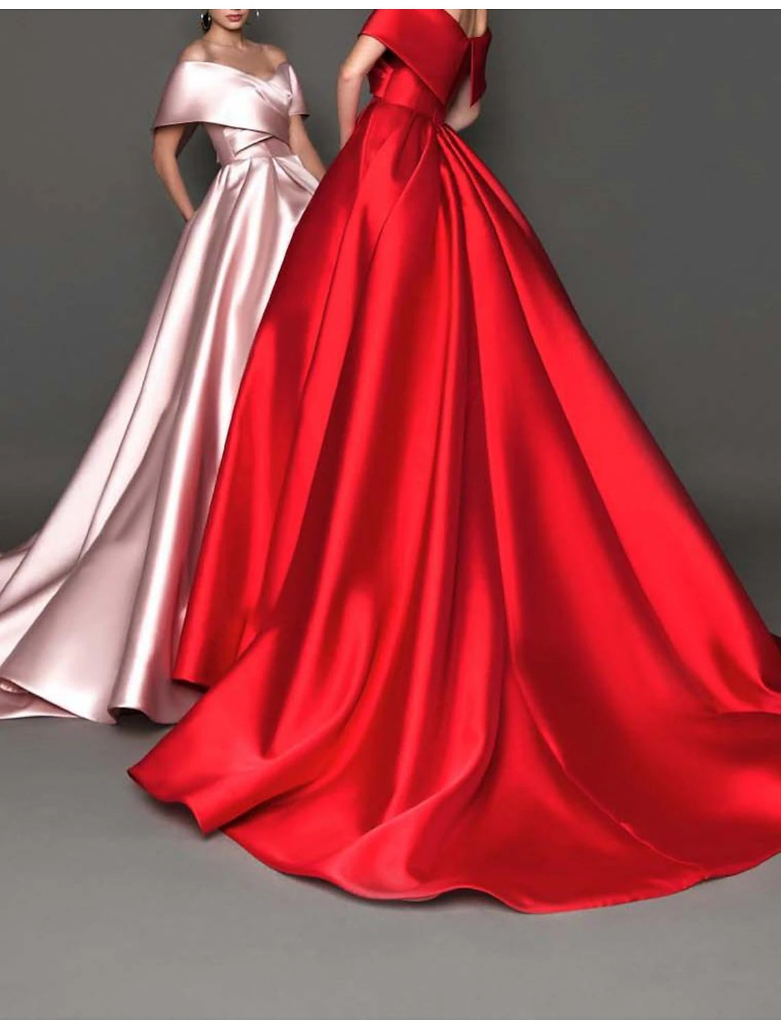 Ball Gown Celebrity Style Minimalist Princess Quinceanera Formal Evening Dress Off Shoulder Short Sleeve Court Train Satin with Pleats Pure Color