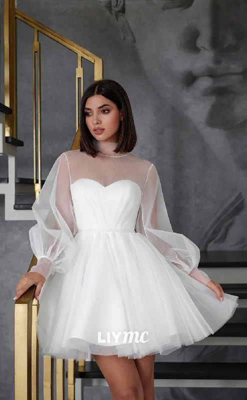 LW220 - High Neck Long Sleeves Pleated Tulle Satin A Line Mini Wedding Dress