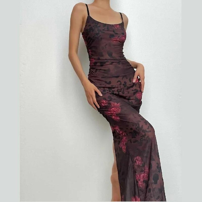 BerryBetty - Flower print u neck contrast ruched slit backless cami maxi dress