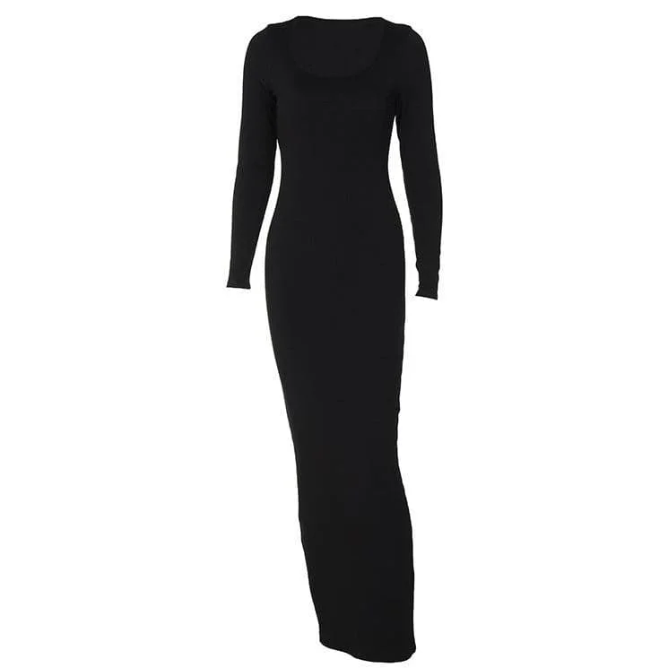 BerryBetty - Long sleeve solid u neck maxi dress