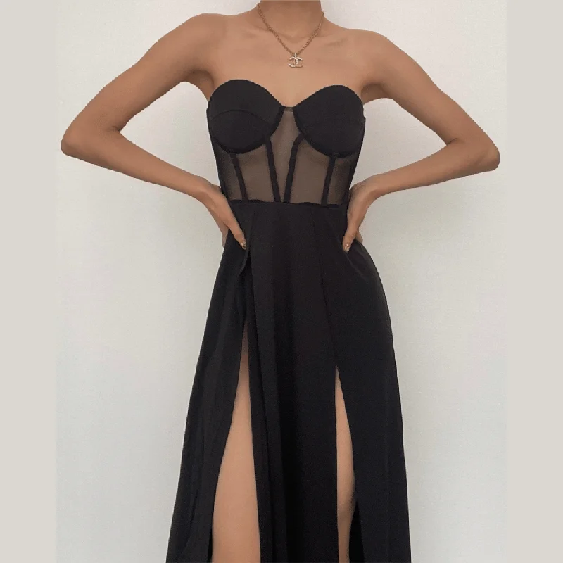 BerryBetty - Mesh heart neck high slit pleated tube maxi dress