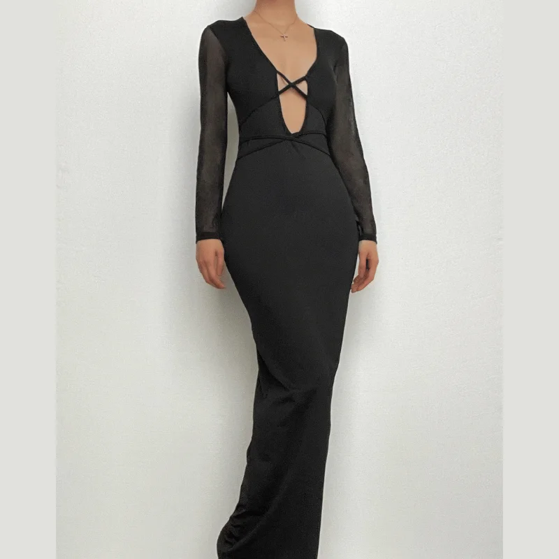 BerryBetty - Mesh patchwork solid low cut long sleeve cross front maxi dress