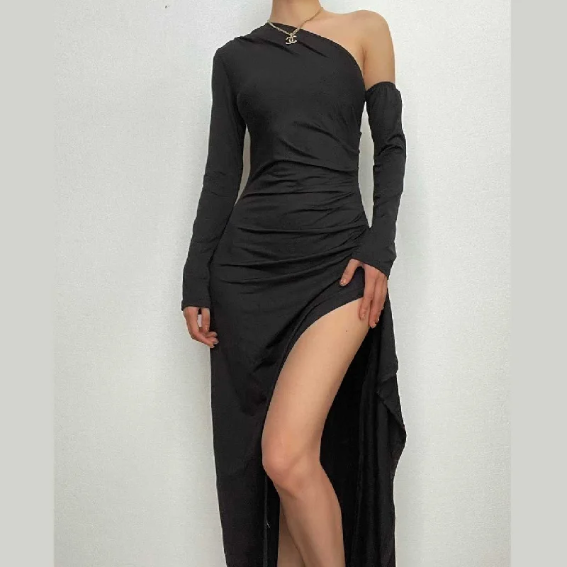 BerryBetty - Off shoulder irregular ruched solid long sleeve slit maxi dress