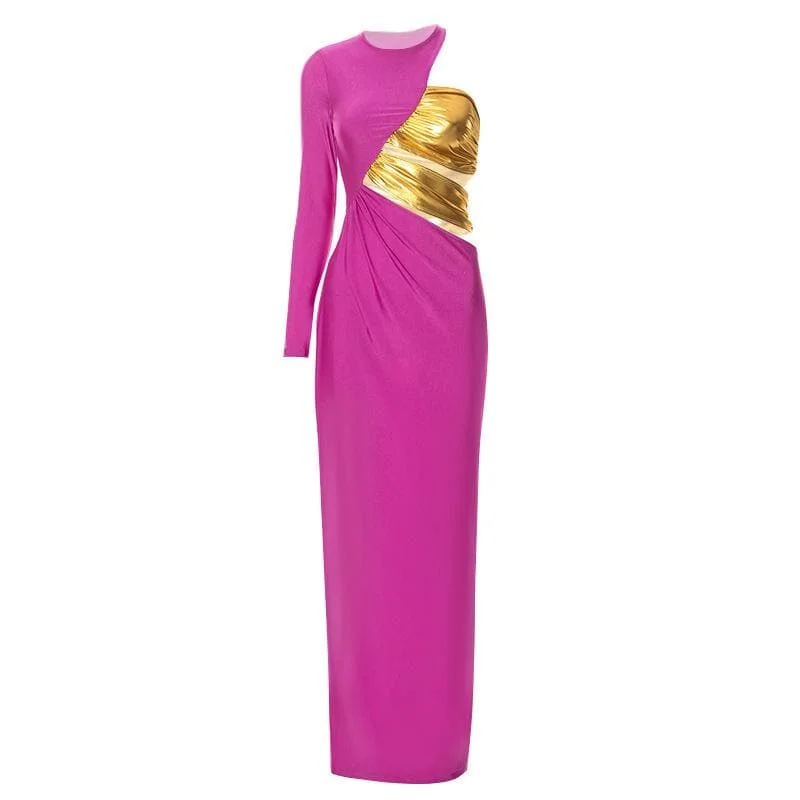 BerryBetty - One shoulder ruched contrast long sleeve metallic maxi dress