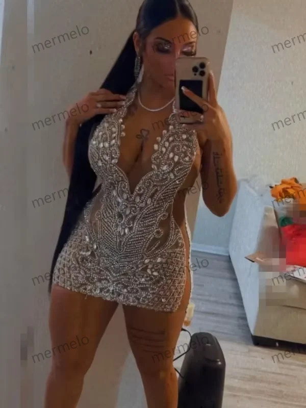 Sexy See Through Short Prom Dresses Black Girls Rhinestone Mini Party Gowns