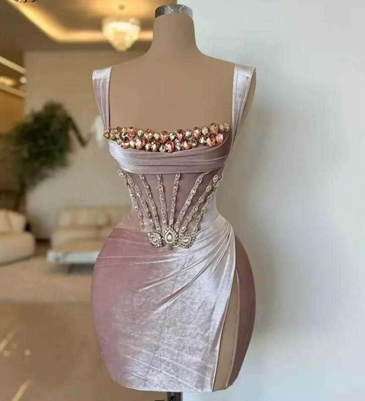 Velvet Pink Rhinestones Corset Short Cocktail Dress Spaghetti Straps Sleeveless Crystal Mini Prom Birthday Party Homecoming Robe