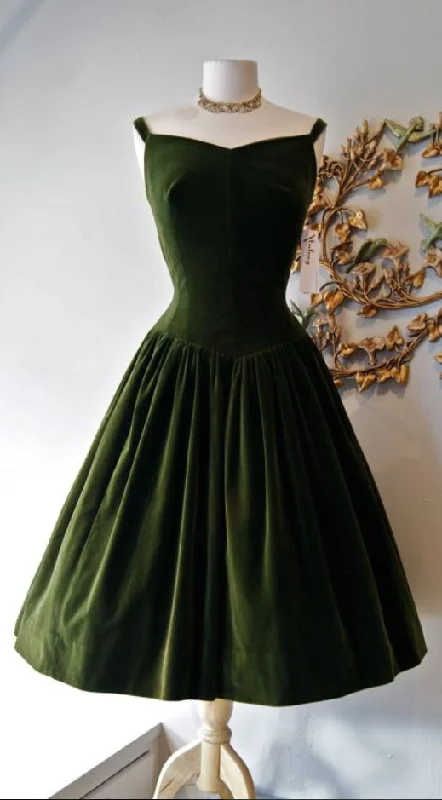 Vintage Prom Dress, Dark Green Velvet Prom Dress, Mini Short Homecoming Dress    S2307