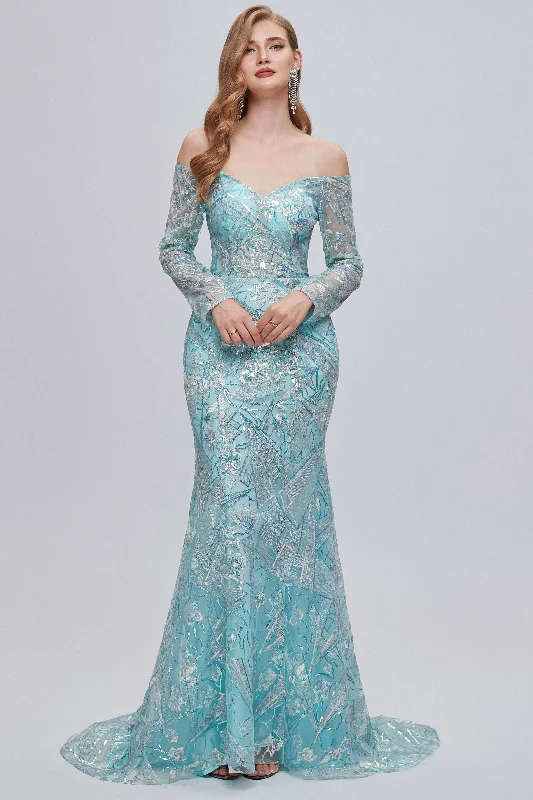 Aqua Blue Off-the-Shoulder Long Sleeve Mermaid Evening Dress