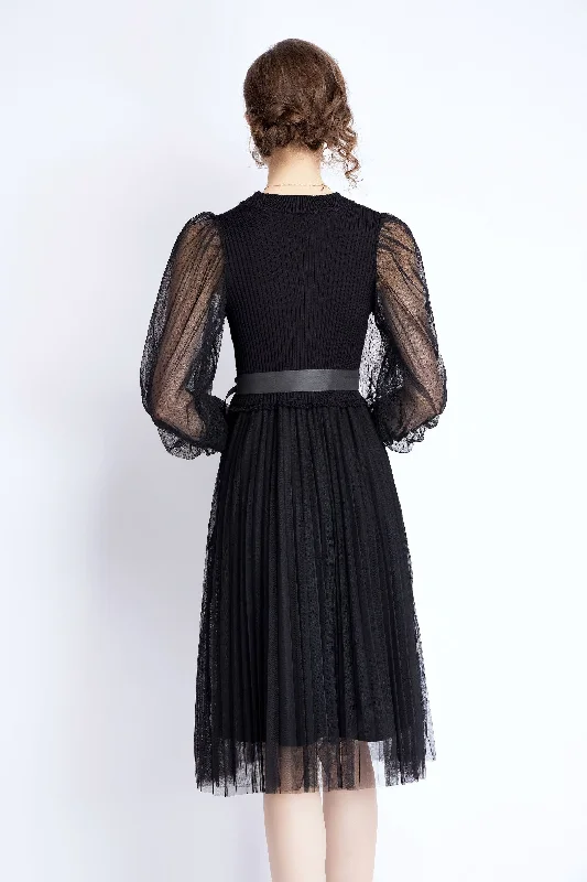 Black Evening A-line Crewneck Long Sleeve Knee Lace Dress