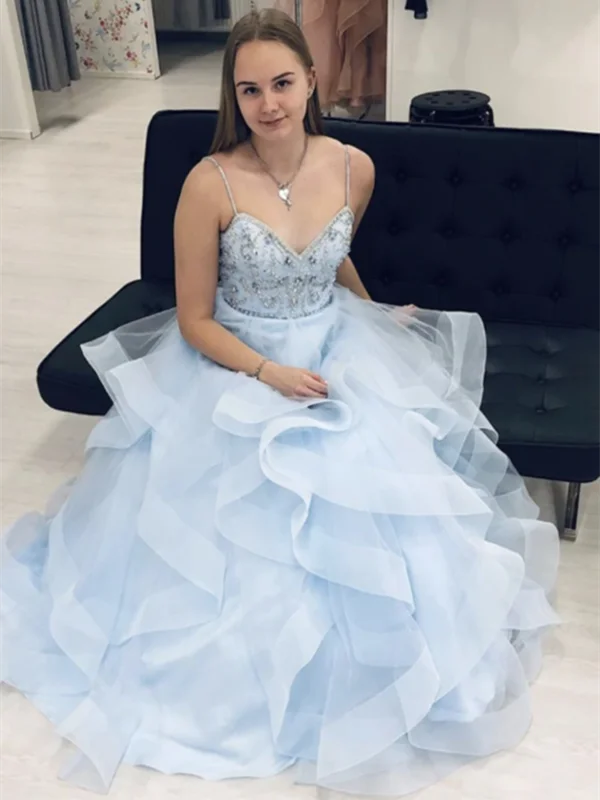 Blue Tulle Beads A Line 2021 Long Prom Dresses, Fluffy Graduation Party Prom Dresses