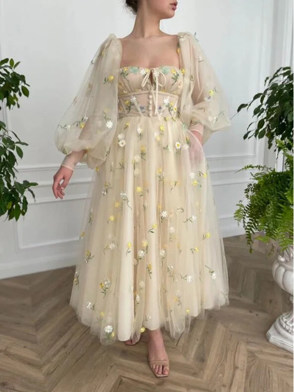 Long Sleeves Popular Flower Long Prom Dresses, 2022 Girl Evening Party Dresses, Wedding Dresses