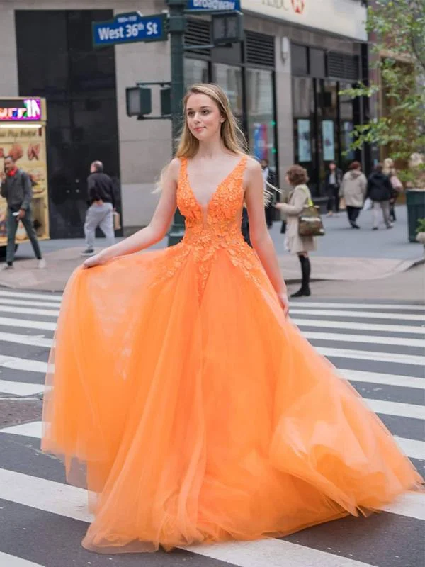 Orange Tulle A-Line Long Party Prom Dresses, Quality V-neck Charming 2021 Prom Dresses