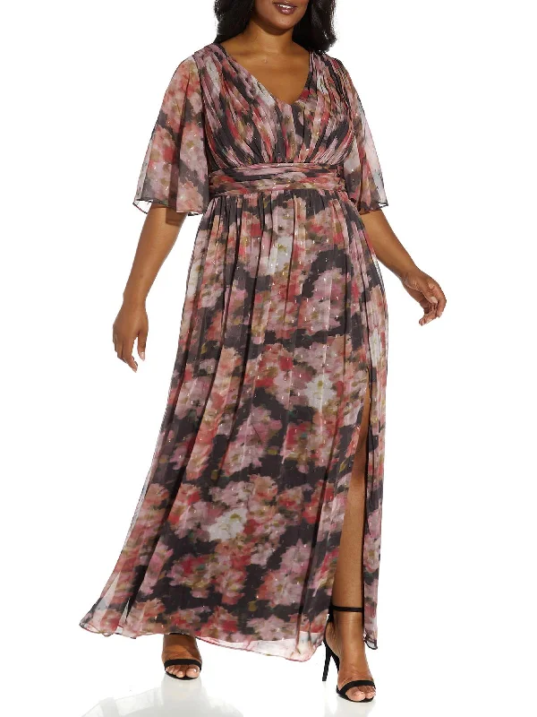 Plus Womens Printed Draped Evening Dress