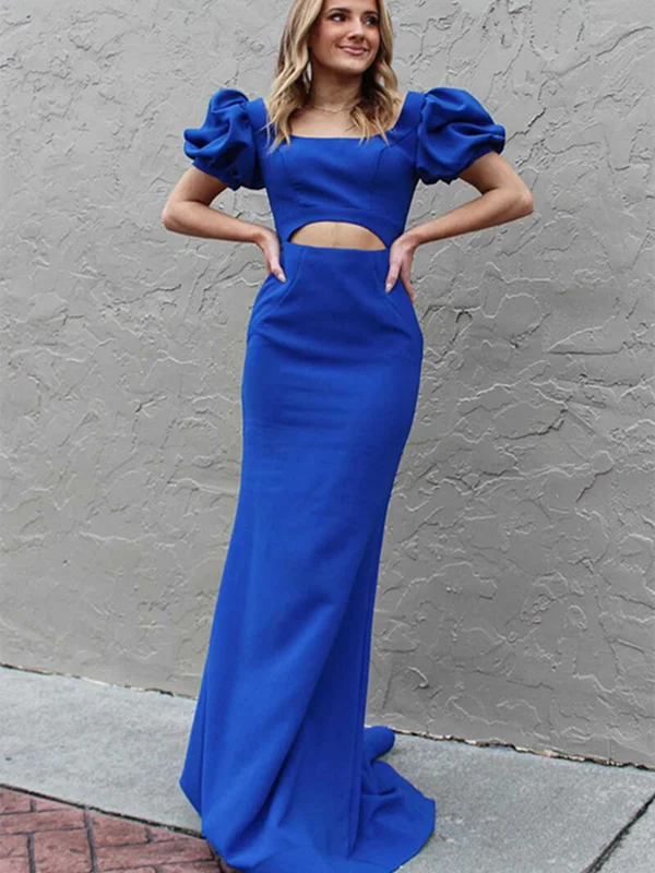 Royal Blue Bubble Sleeves Prom Dresses, 2023 Long Prom Dresses, Girl Graduation Party Dresses