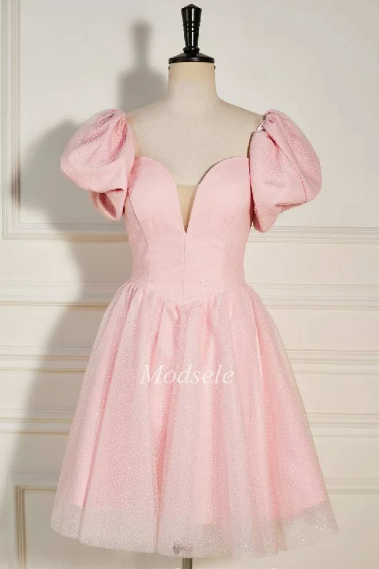 Pink Strapless A-Line Short Party Dress with Puff Sleeves