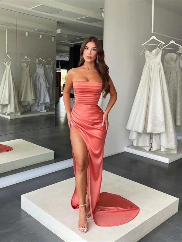 Strapless High Side Slit Prom Dresses, Sexy 2023 Prom Dresses, Popular Evening Party Dresses