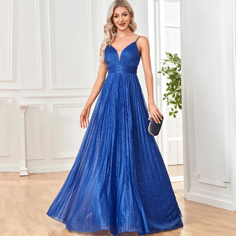 V-neck Pleated Formal Prom Gown Empire Waist Evening Dress with Spaghetti Strap