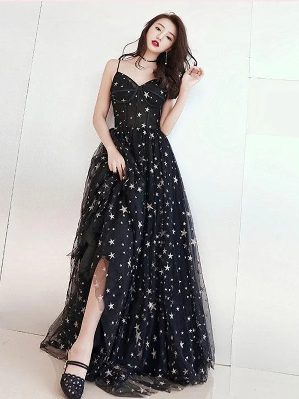 V Neck Stars Popular Long Prom Dresses, Black A-line Evening Dresses, Girls Party Dresses