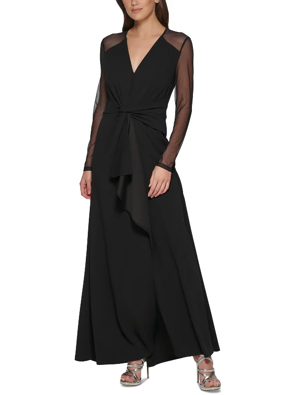 Womens Crepe Mesh Inset Evening Dress