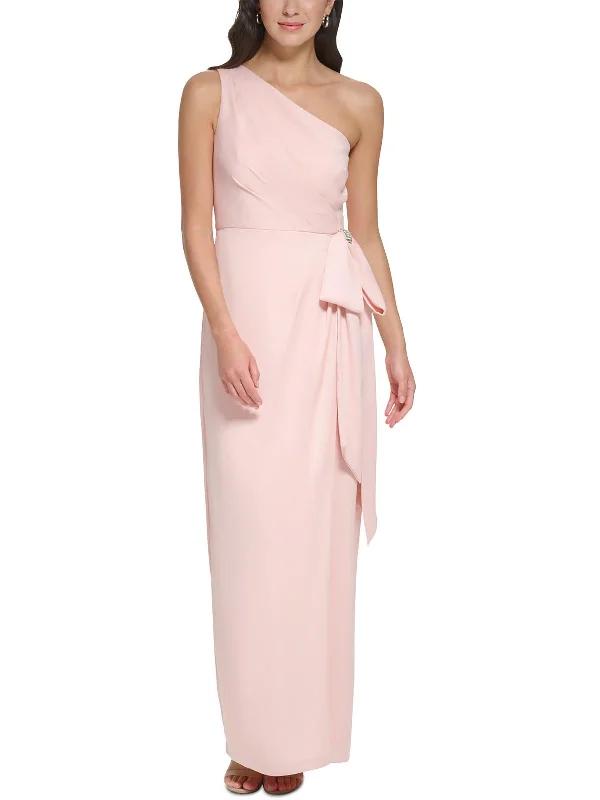 Womens Crepe One Shoulder Evening Dress