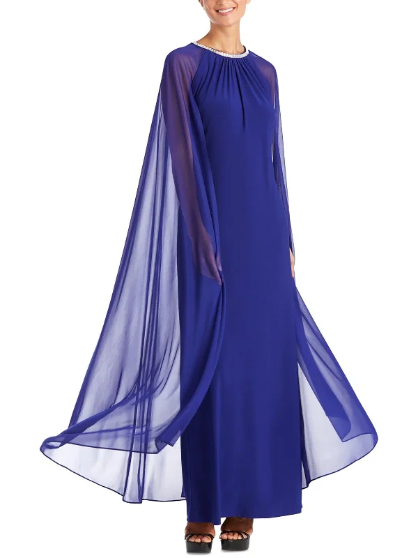 Womens Embellished Cape Sleeve Evening Dress