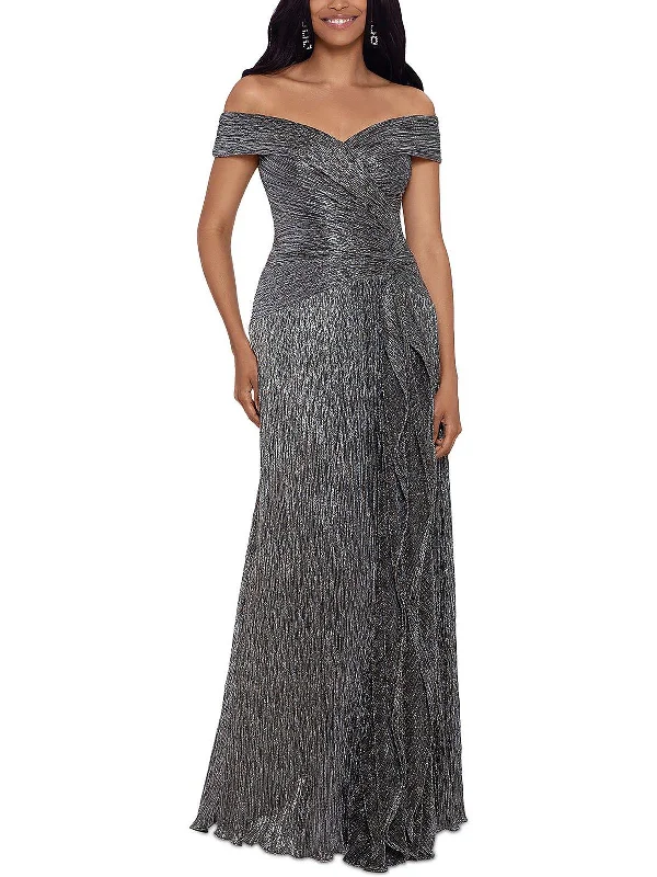 Womens Metallic Ruffled Evening Dress