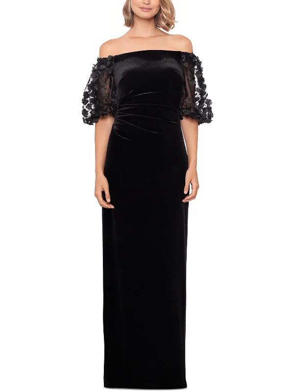 Womens Velvet Off-The-Shoulder Evening Dress