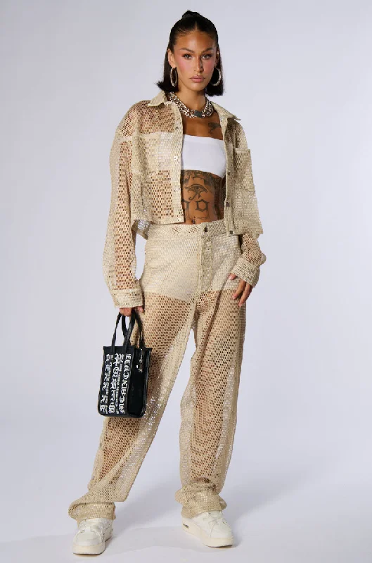 ALL THAT MESH WIDE LEG SNAP PANTS IN BEIGE