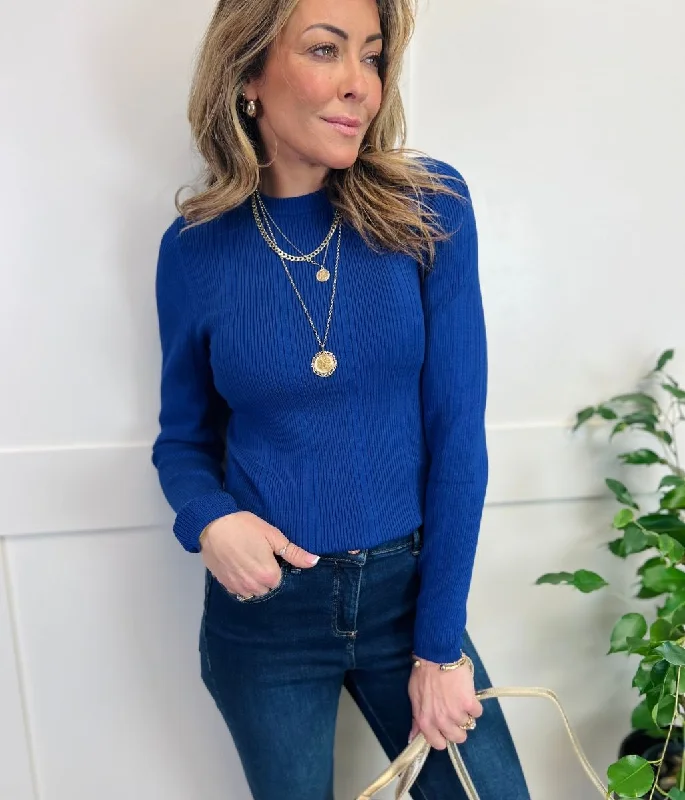 Blue Ribbed Crew Neck Jumper