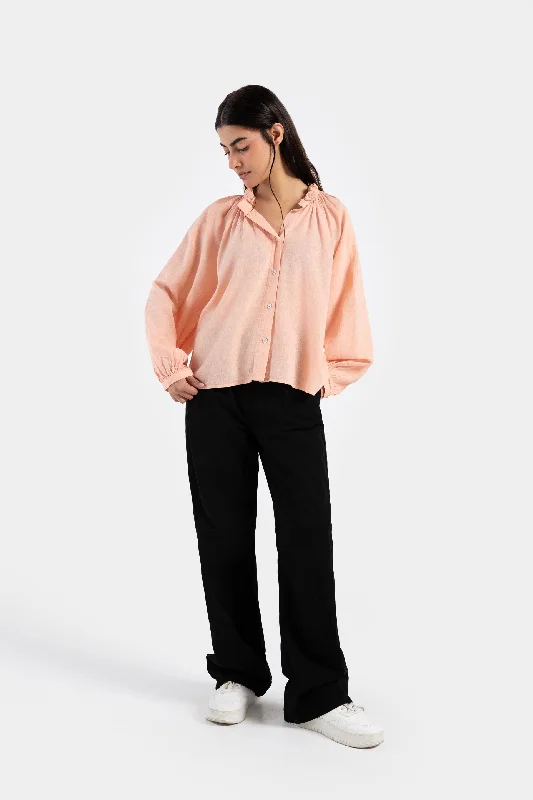 Flowy Cropped Button Down Shirt with Gathers