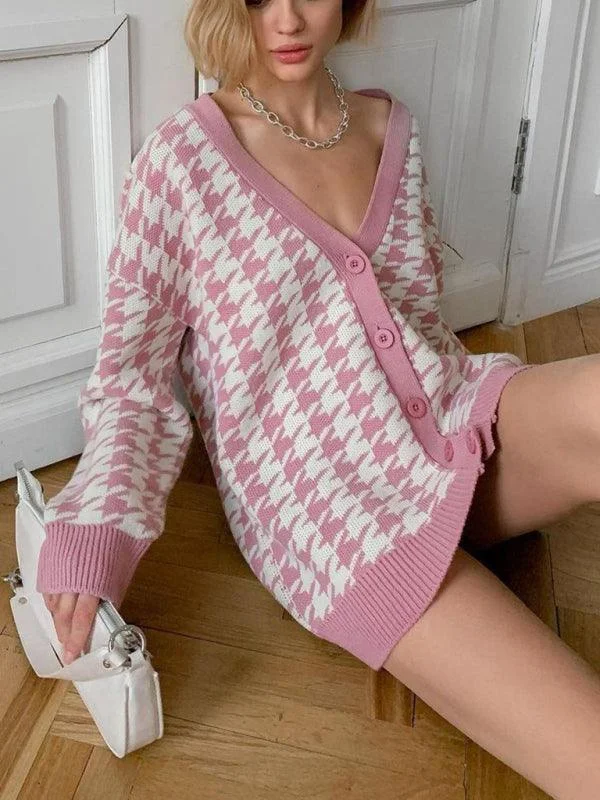 Houndstooth Knitted Women Cardigan Sweater