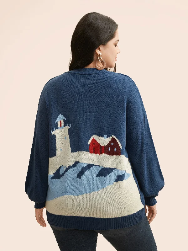 Landscape Pattern Drop Shoulder Sleeve Cardigan