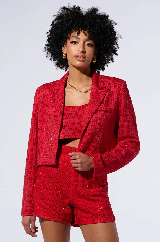 POP STAR HOT FIX RHINESTONE CROPPED BLAZER IN RED