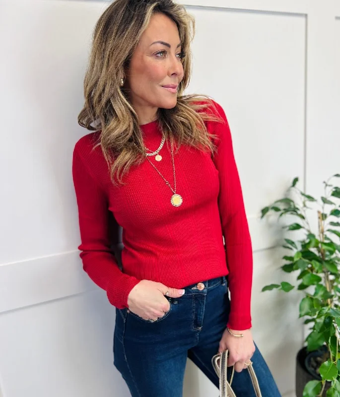 Red Ribbed Crew Neck Jumper