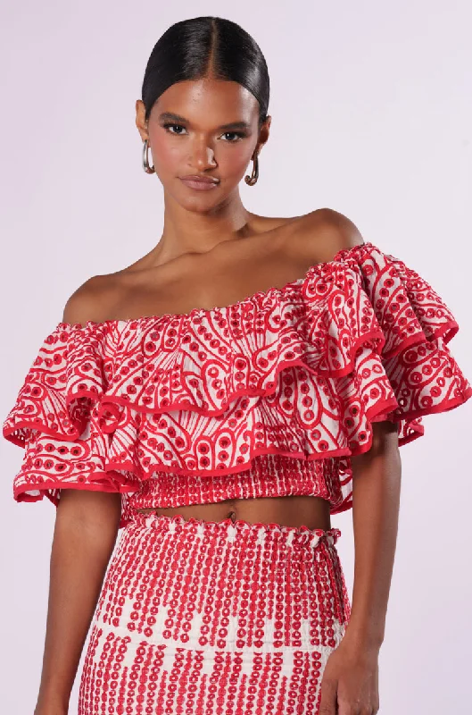 SUMMER LOVING OFF THE SHOULDER RUFFLE CROP BLOUSE