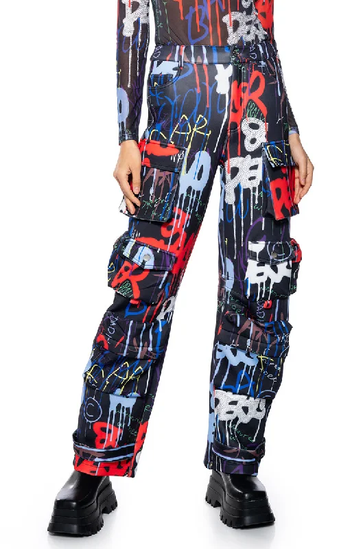 TAG ME GRAFFITI EMBELLISHED SCUBA CARGO PANTS